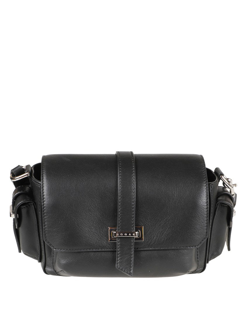 Hogan Rectangular Black Leather Shoulder Bag With Flap Closure