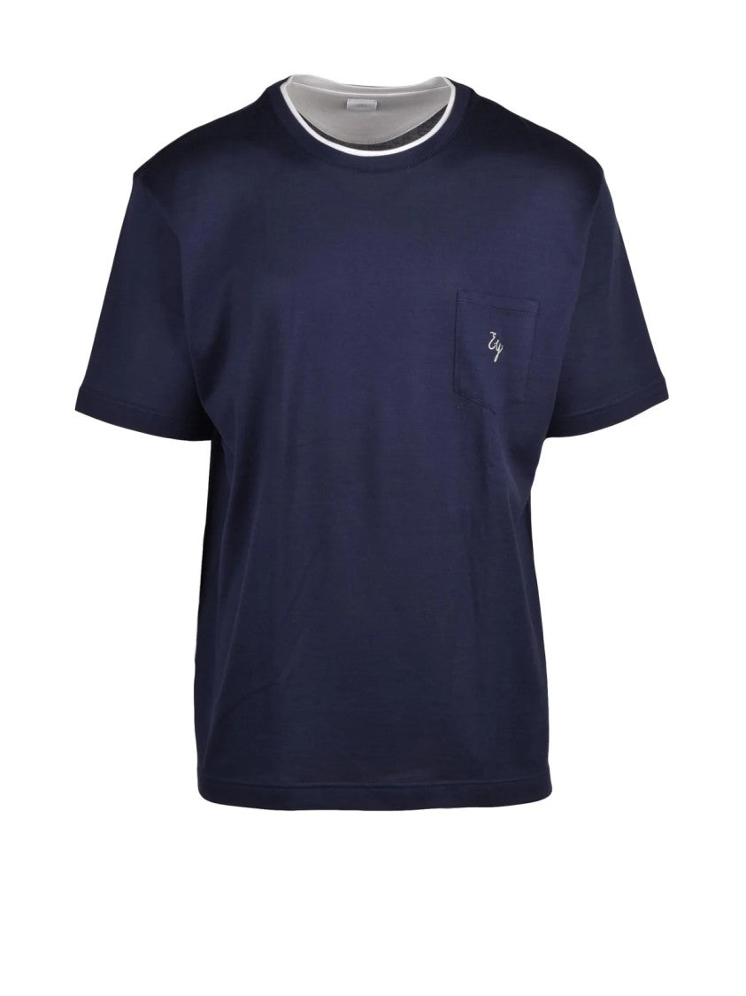 Eleventy Blue Short-Sleeve Embroidered Pocket Cotton T-Shirt