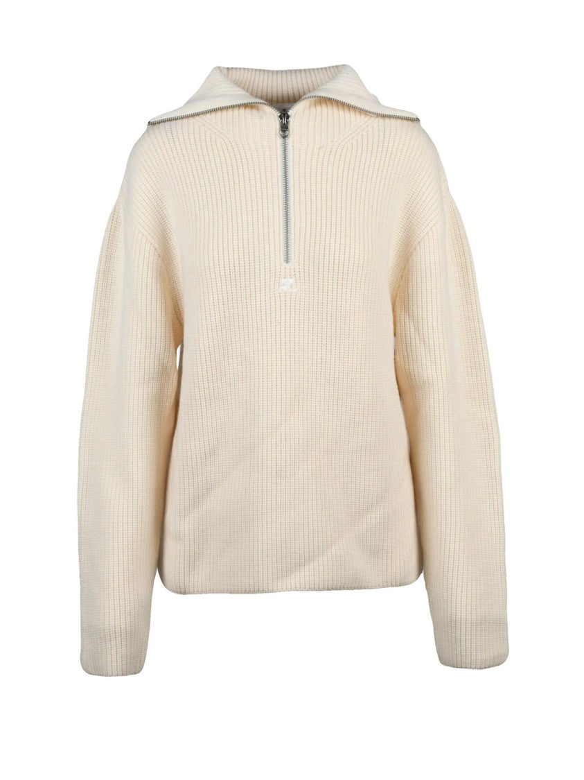 Courrèges Ribbed Knit Sweater With Half-Zip And Hood