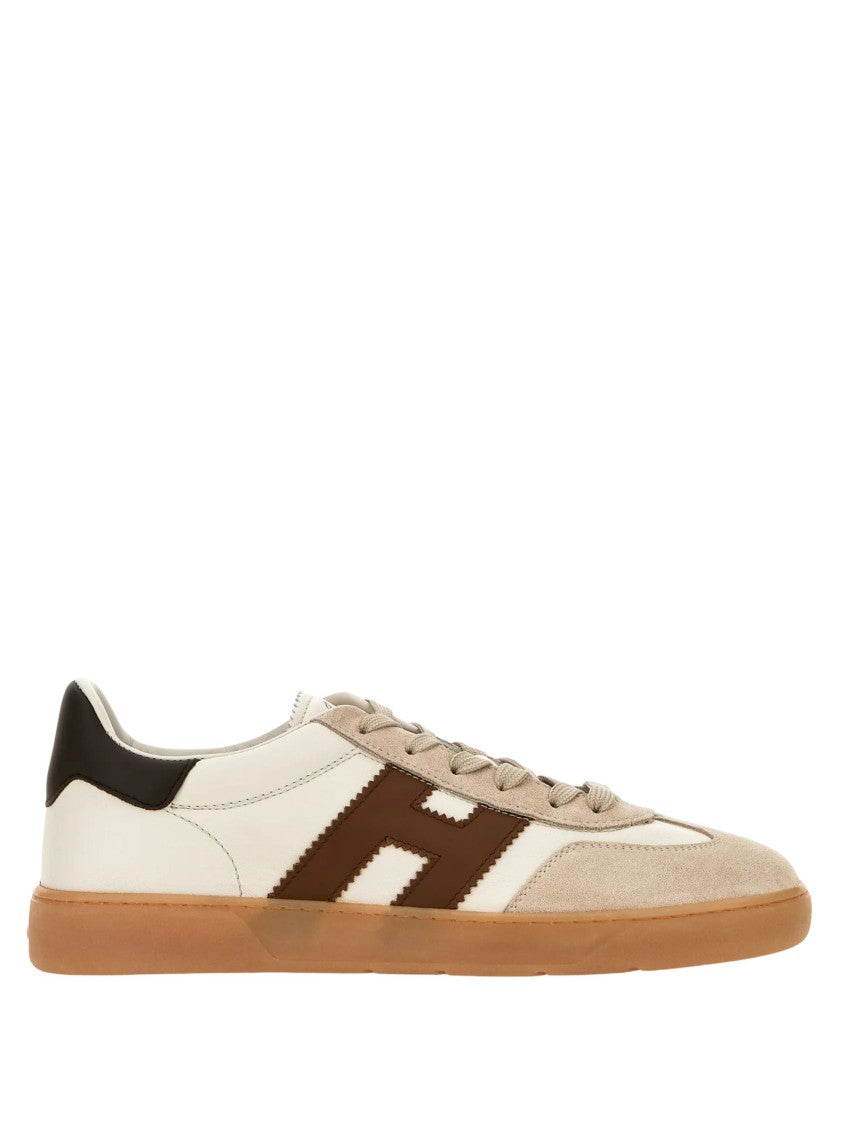Hogan Light Beige Leather Sneakers With Appliqué Logo