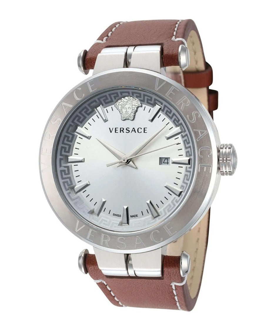 Versace Aion Quartz Watch With Silver Dial And Brown Calf Leather Strap