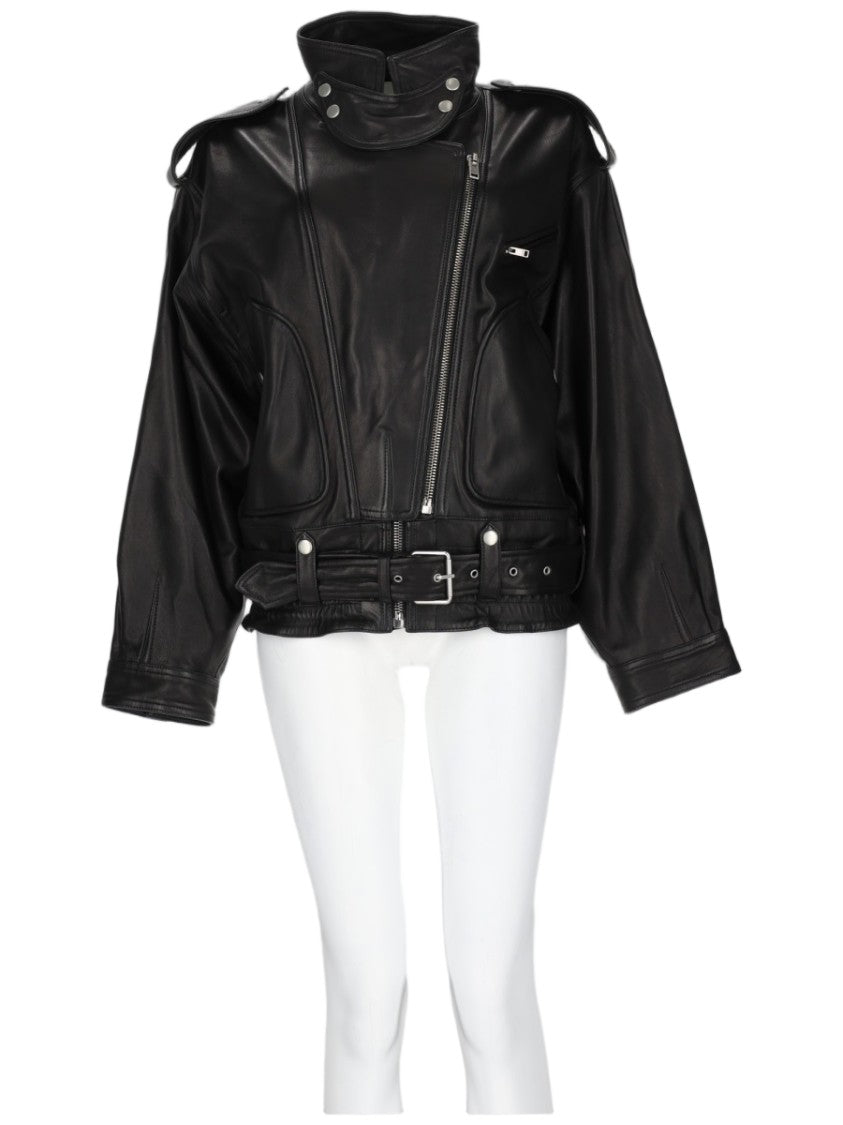 Isabel Marant Cropped Black Lamb Leather Jacket With Asymmetrical Zipper And Structured Detail