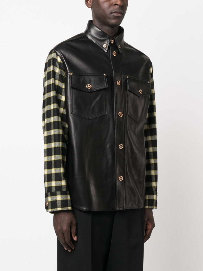 Versace Black Blouson Leather Checkered Sleeve Jacket