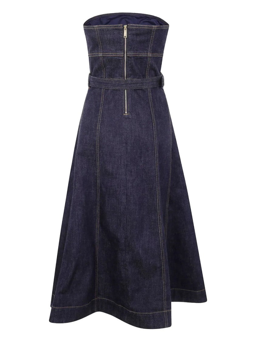 Self-Portrait Strapless Belted Denim Midi Dress