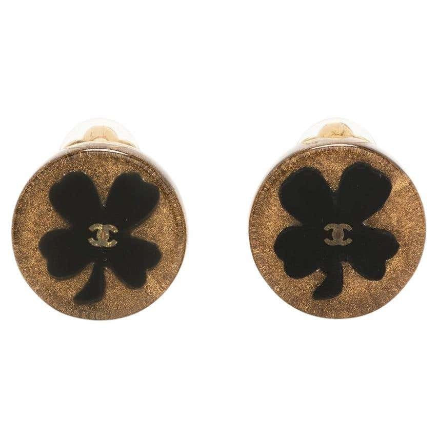 Chanel Black Clover Clip-On Earrings