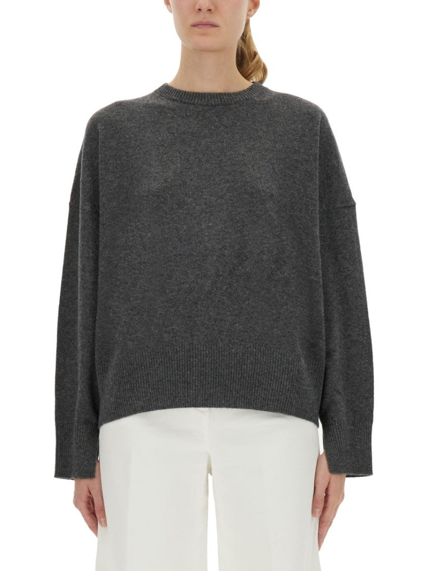 Loulou De Saison Charcoal Grey Cashmere Sweater With Relaxed Fit And Ribbed Details
