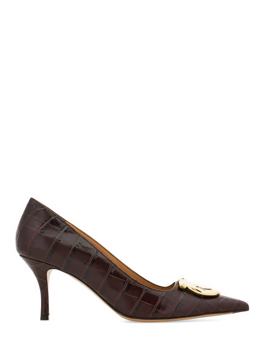 Ferragamo Pointed-Toe Croc-Embossed Heels With Gold Buckle Detail