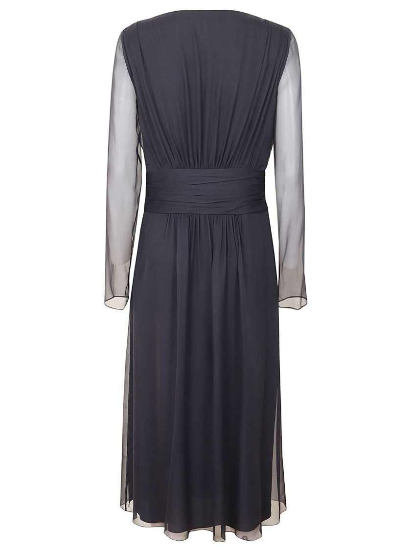 Alberta Ferretti Midi Dress With Deep V-Neckline And Sheer Sleeves