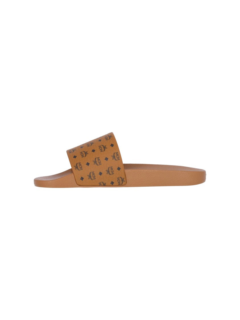 Mcm "Monogram Print" Slide Sandals Brown
