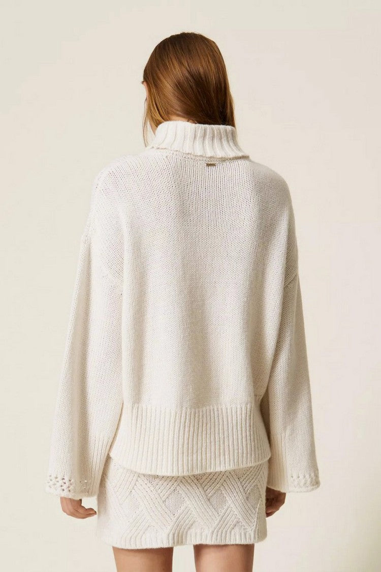 Twin-Set Cream Wide-Sleeve Roll-Neck Wool-Blend Sweater