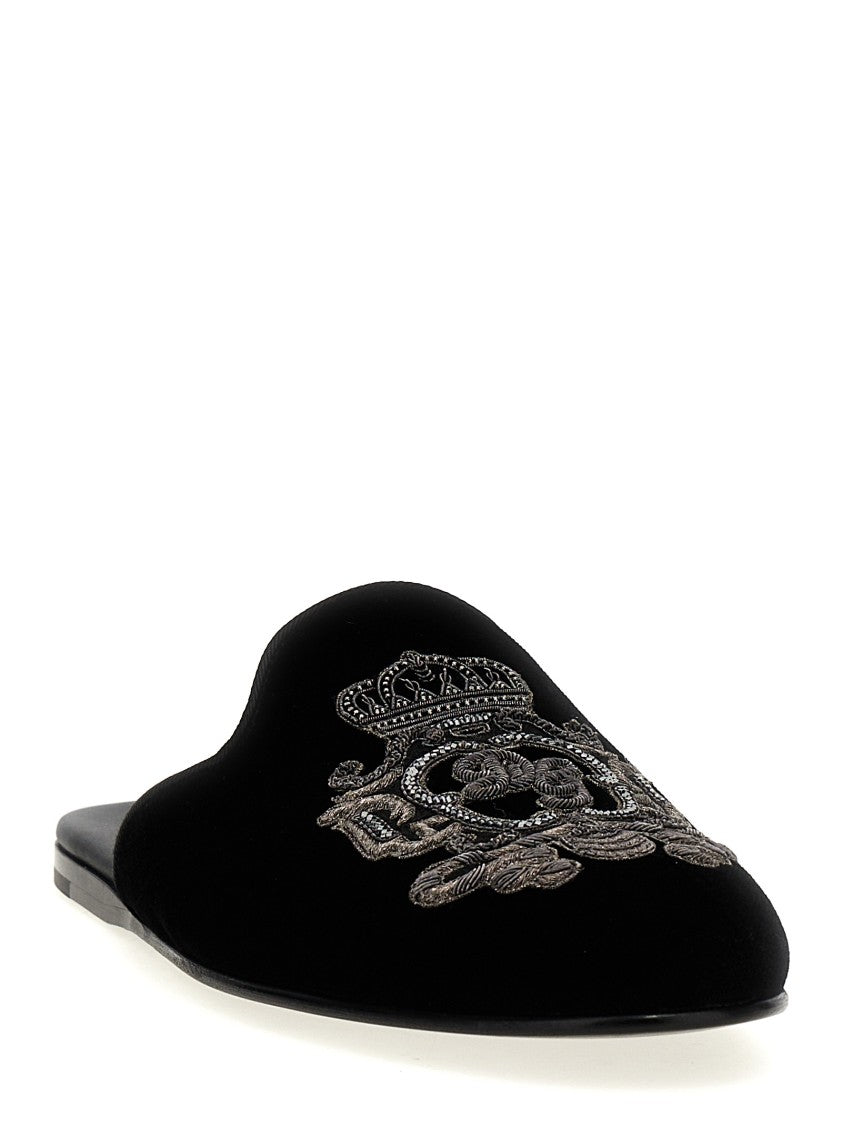 Dolce & Gabbana Velvet Slippers With Embroidered Coat Of Arms