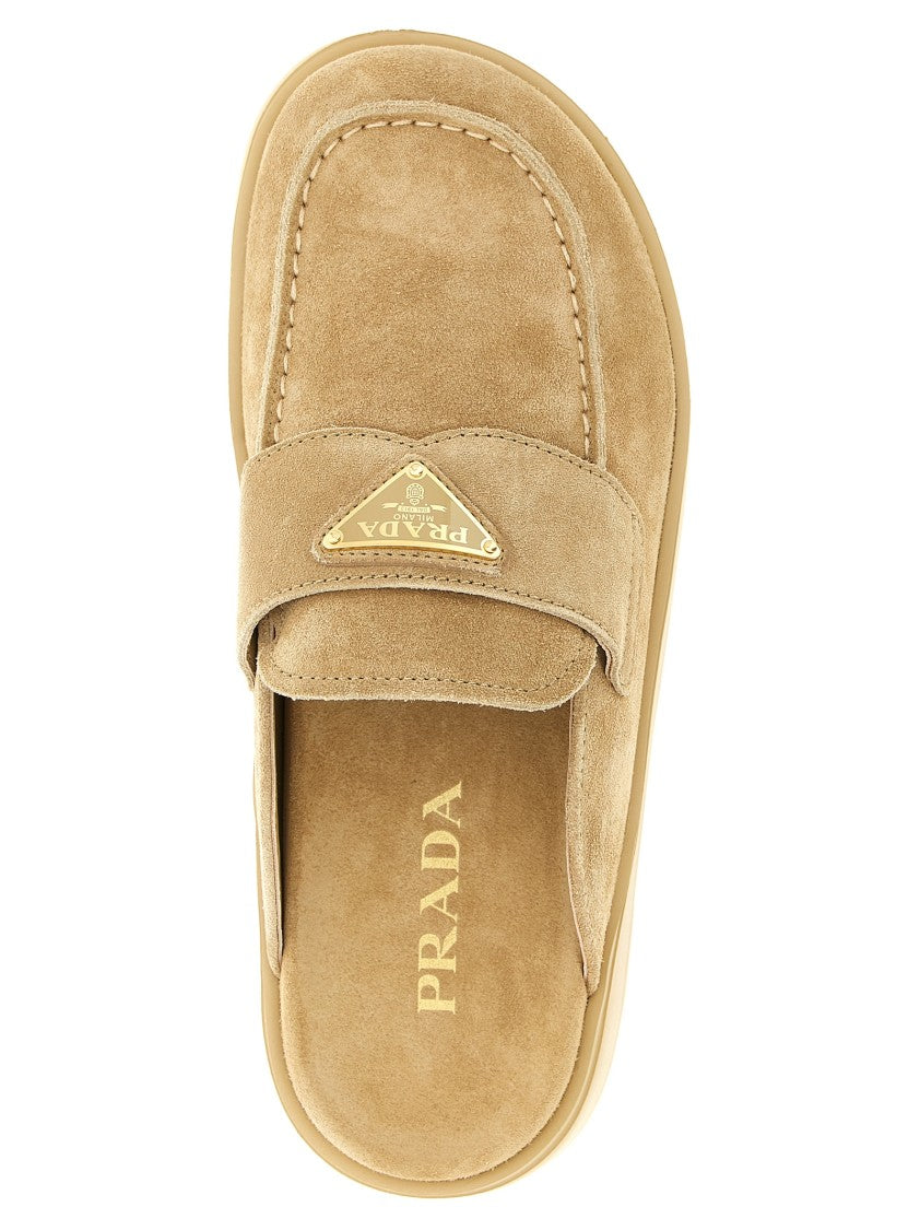 Prada Suede Sabots With Enameled Triangle Logo