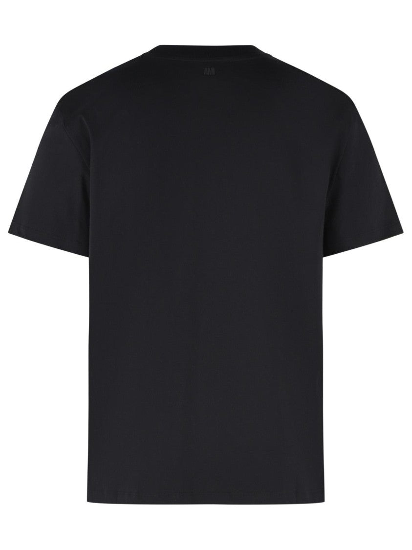Ami Paris Classic Black Cotton T-Shirt With Ribbed Crew Neck