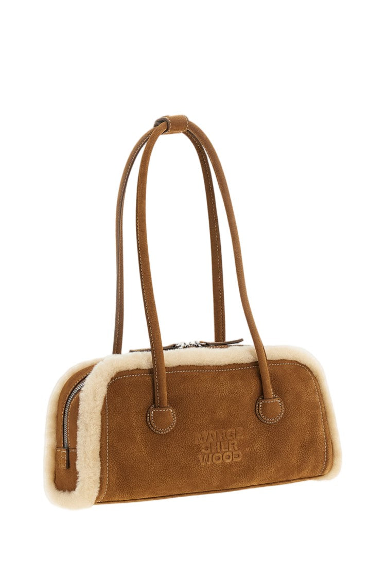 Margesherwood East-West Suede Leather Shoulder Bag With Faux Shearling Trim