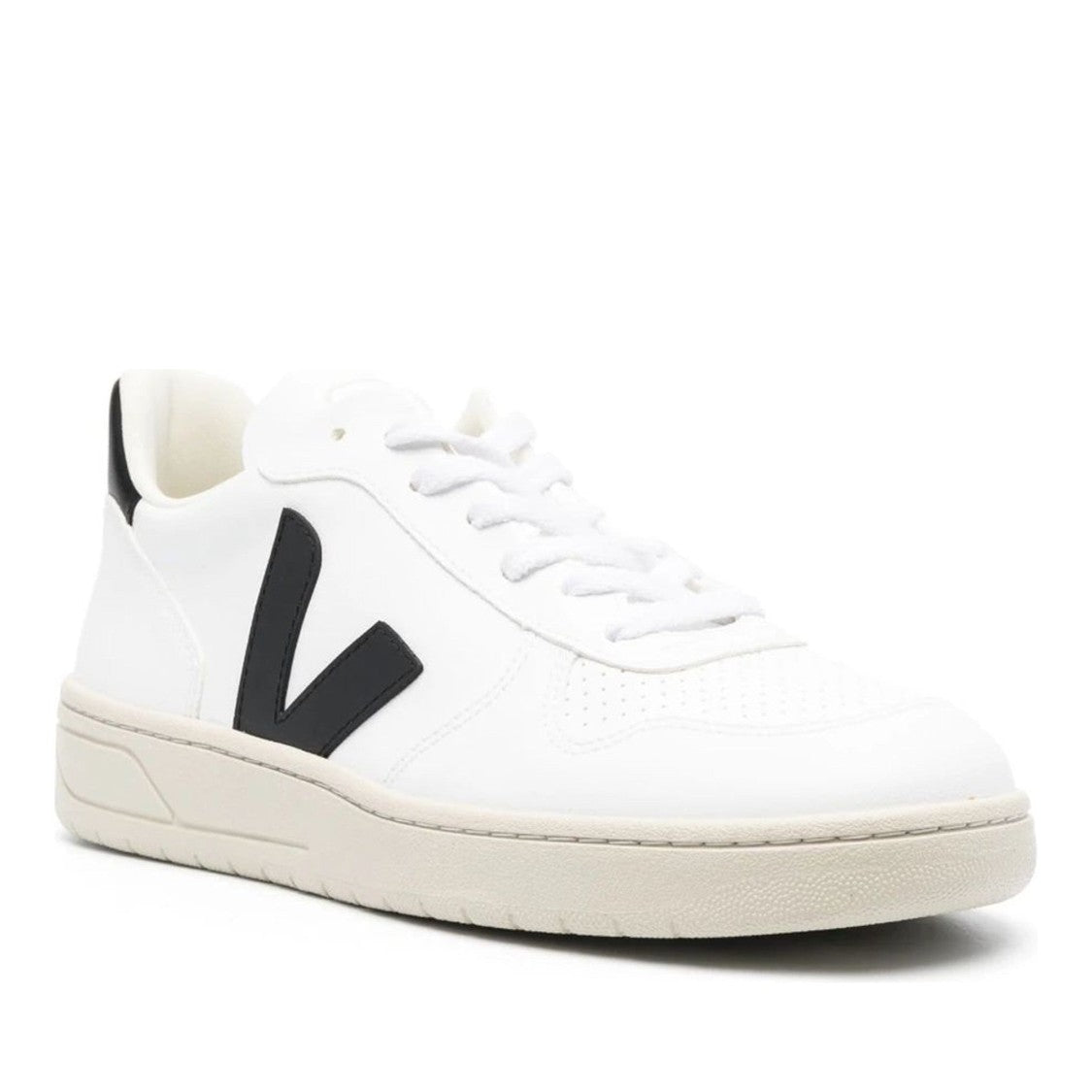 Veja V-10 White Contrasting Logo Perforated Leather Sneakers