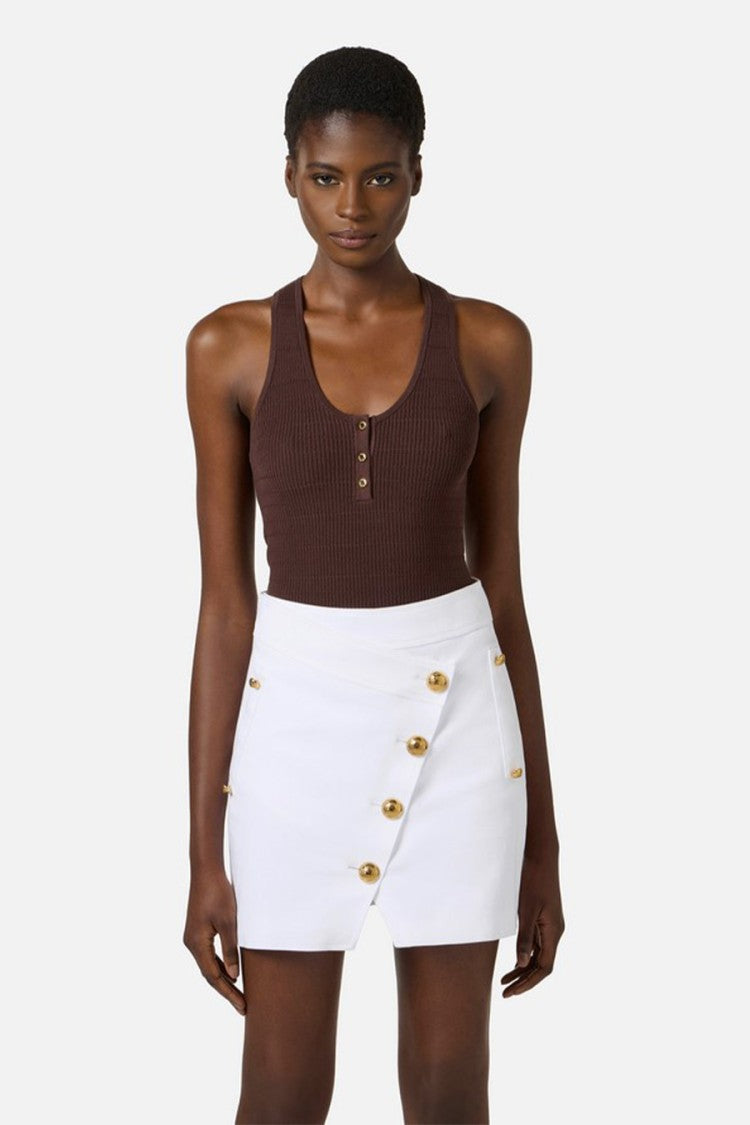 Elisabetta Franchi Brown Braided Ribbed Gold-Button Placket Lyocell-Blend Tank Top