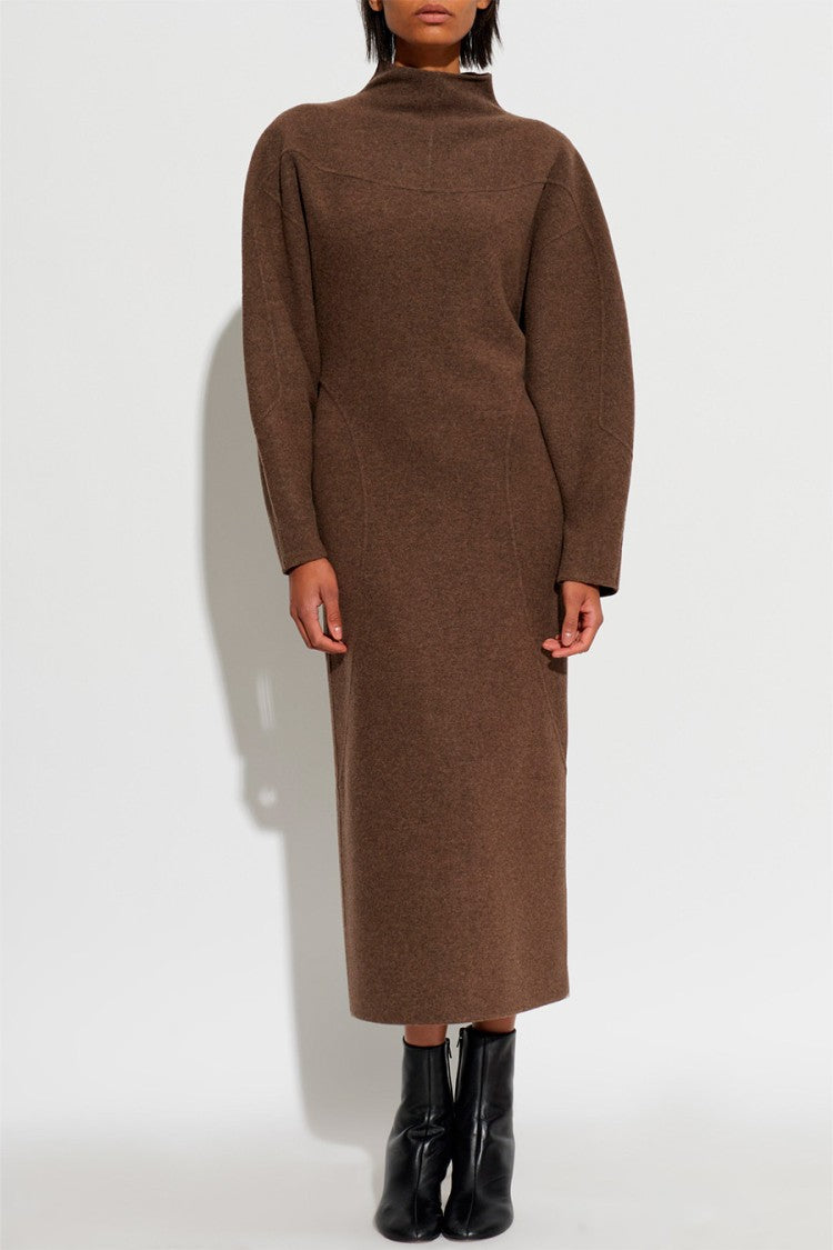 Max Mara Brown Mxstenuta Funnel-Neck Virgin Wool Midi Dress