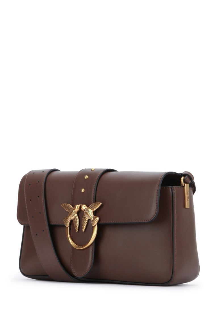 Pinko Rectangular Shoulder Bag In Smooth Dark Brown Leather
