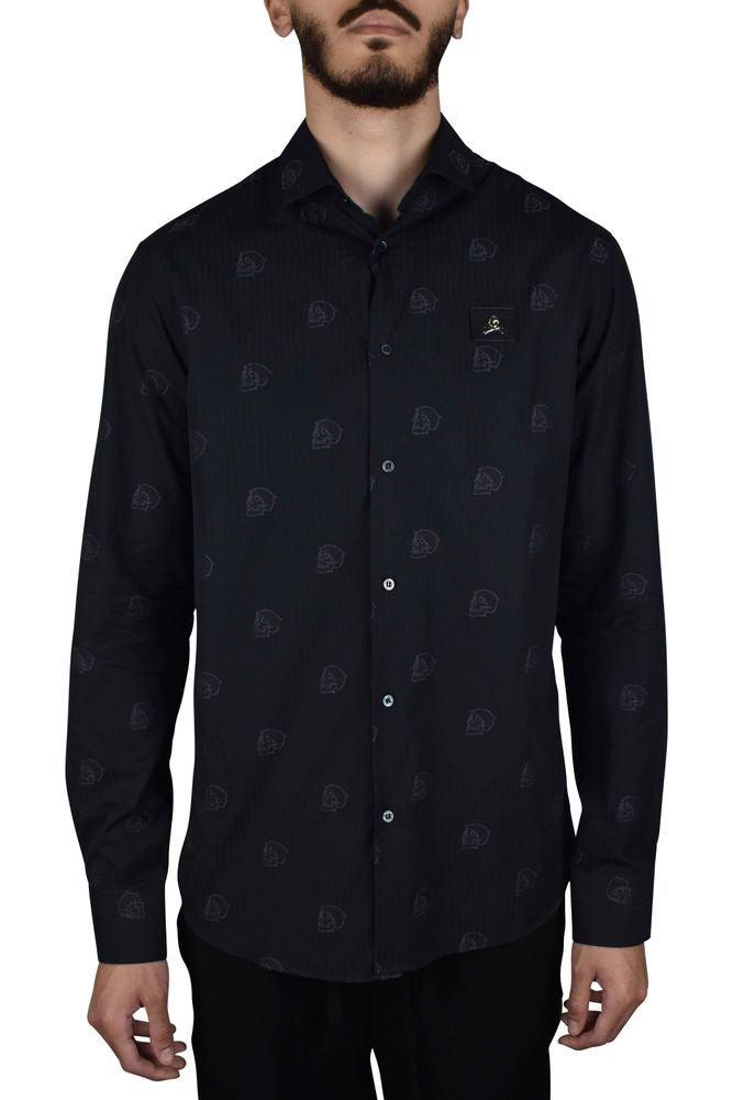Philipp Plein Black Striped Cotton Shirt With Skull Motif