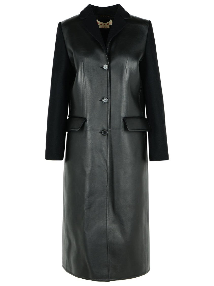 Marni Black Leather And Virgin Wool Coat