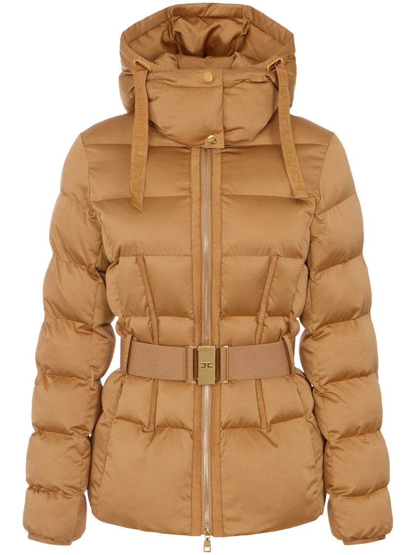 Elisabetta Franchi Quilted Padded Jacket With High Collar And Gold-Tone Buckle