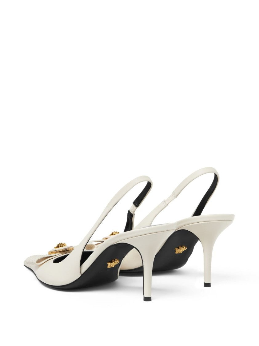 Versace Pointed Toe Slingback Heels With Textured Bow And Gold Medallion