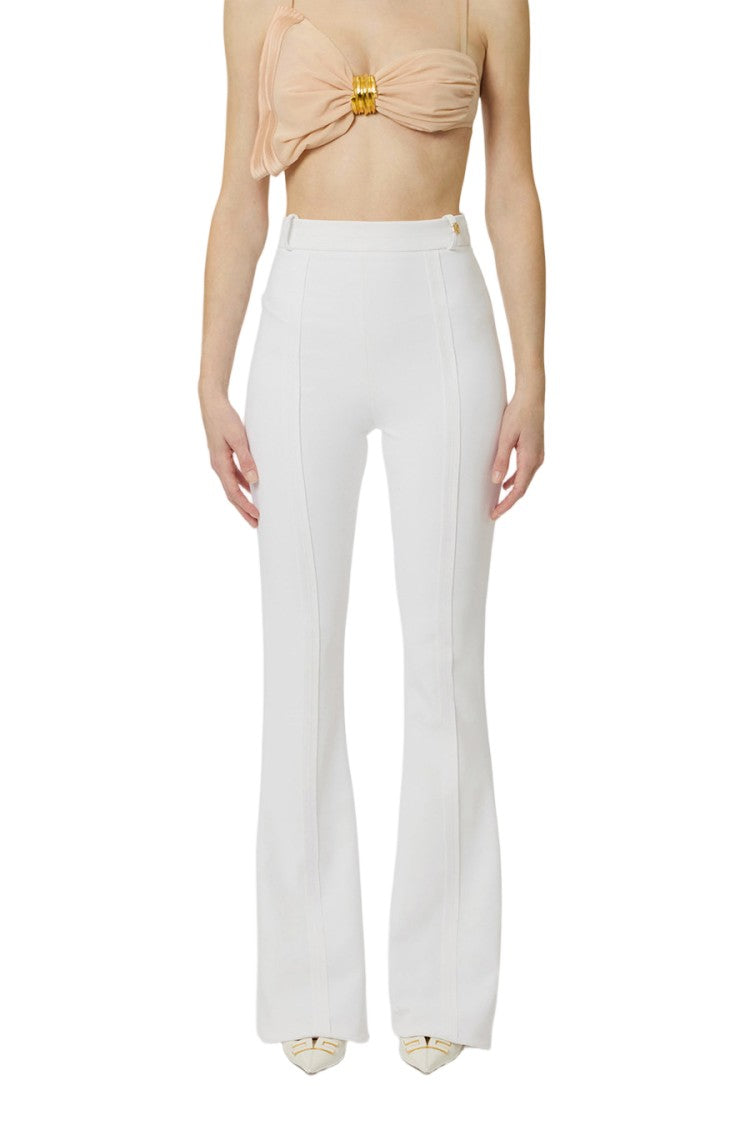 Elisabetta Franchi Ivory High-Waisted Gold Side Buckle Polyester-Blend Flared Pants