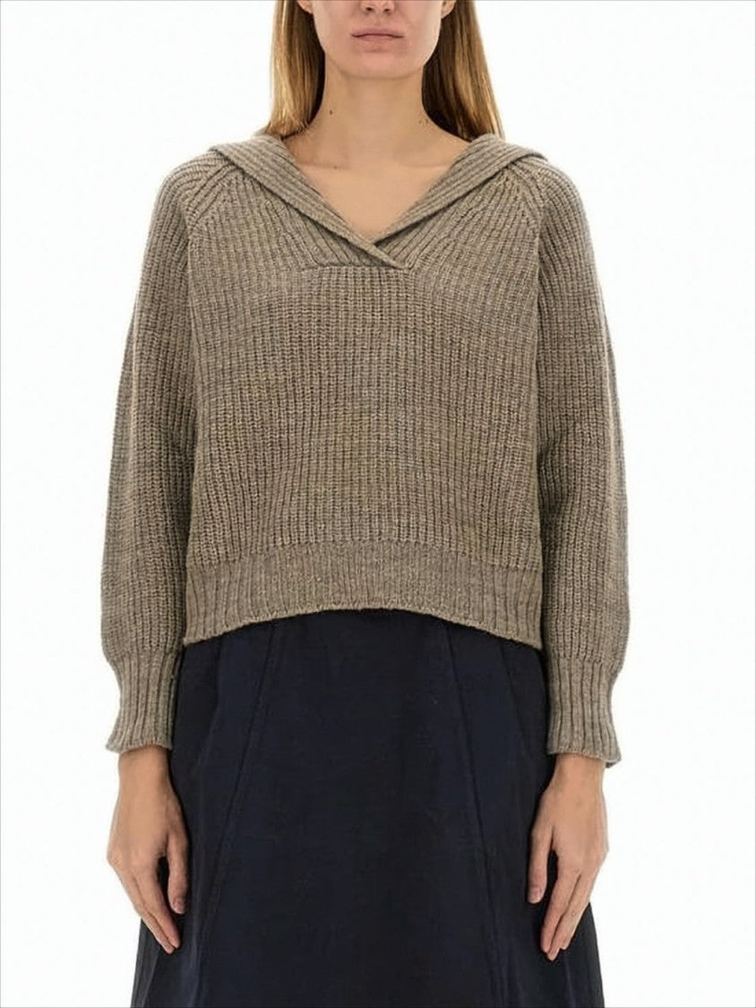 Margaret Howell Ribbed Knit Sweater With Folded Collar In Soft Merino Wool