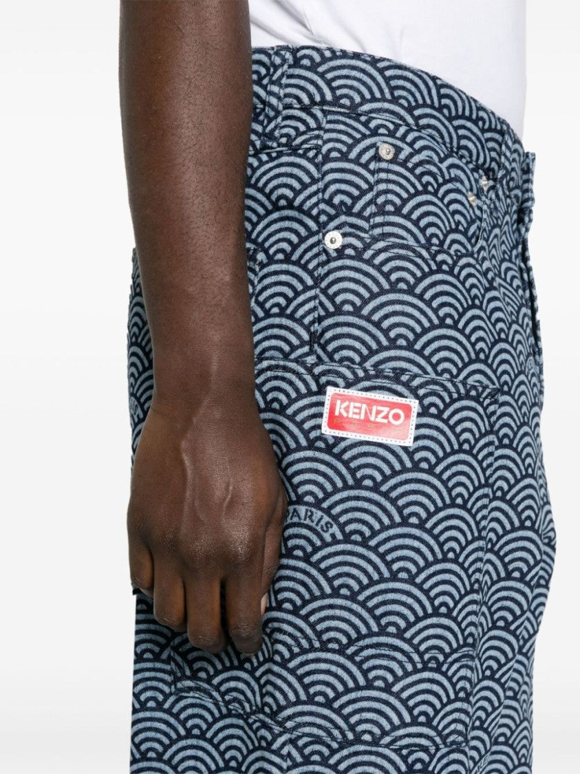 Kenzo Geometric Pattern Cotton Denim Trousers