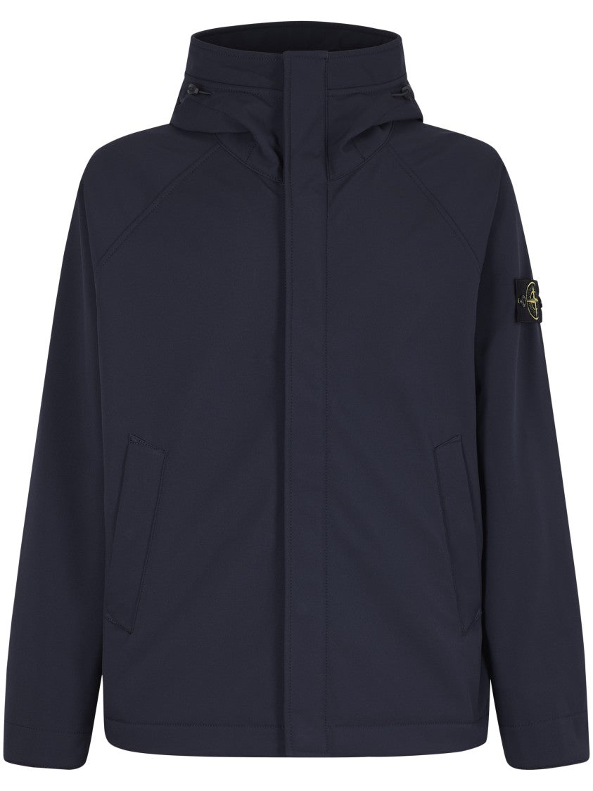 Stone Island Short Blue Parka With Iconic Logo Patch