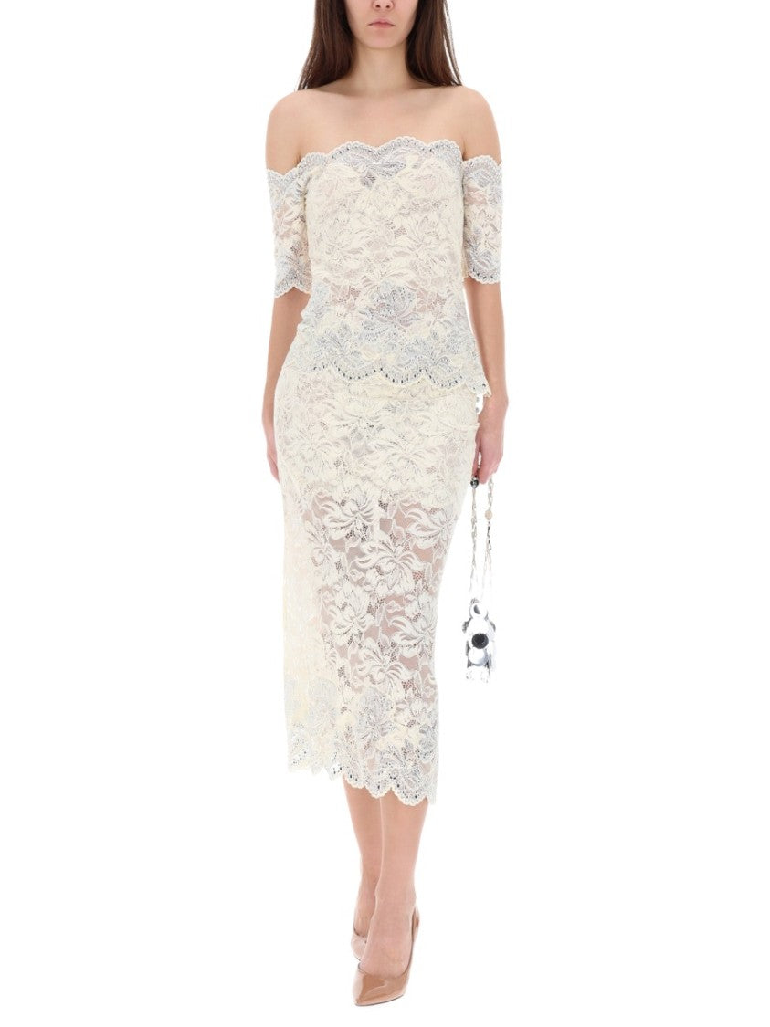 Rabanne Semi-Sheer Haut Polyamide Lace Off-Shoulder Top