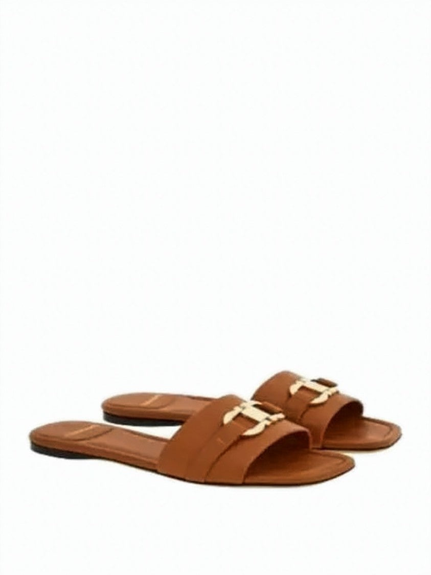 Salvatore Ferragamo Open-Toe Calf Leather Slip-On Mules With Metallic Buckle