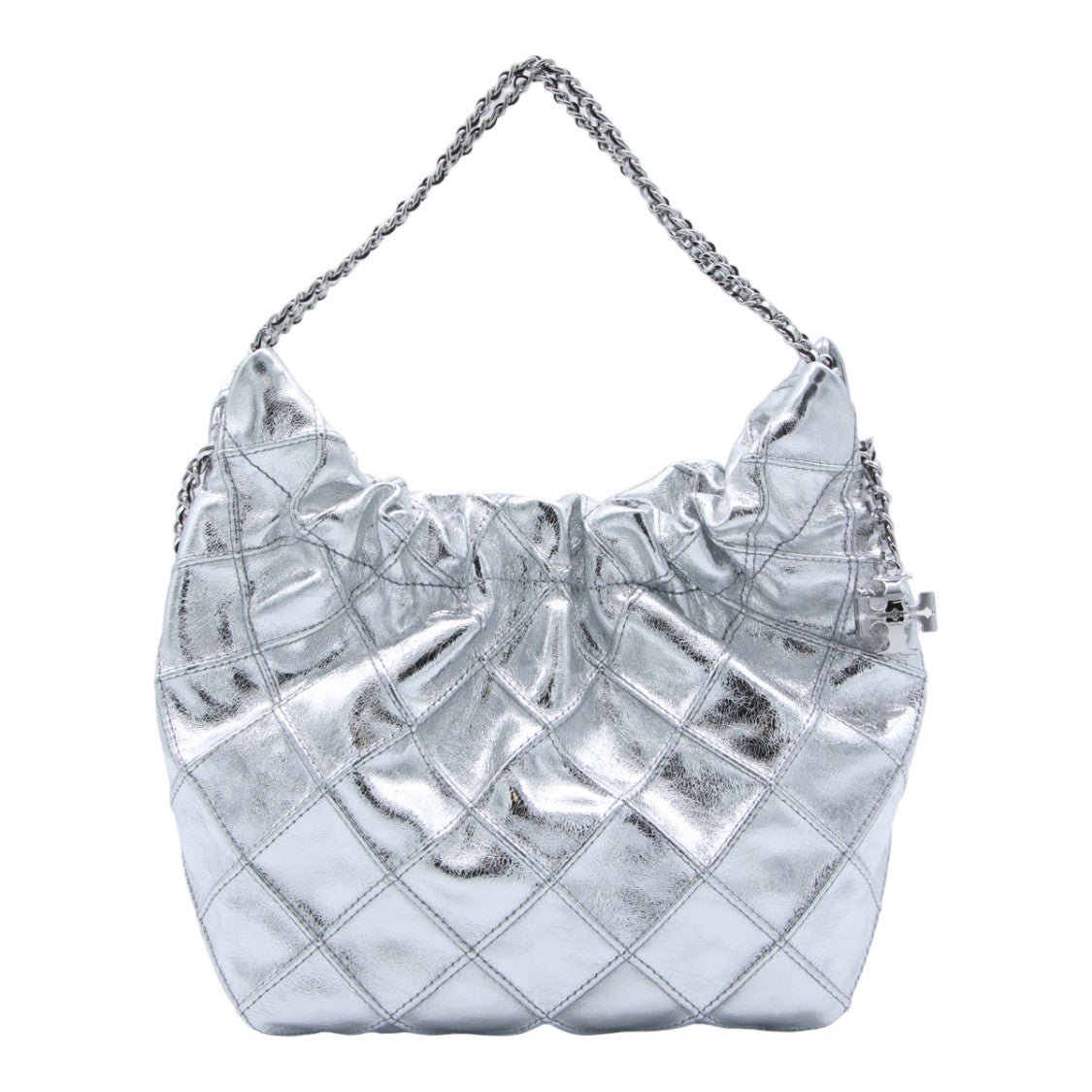 Tory Burch Quilted Metallic Silver Handbag With Chain Strap