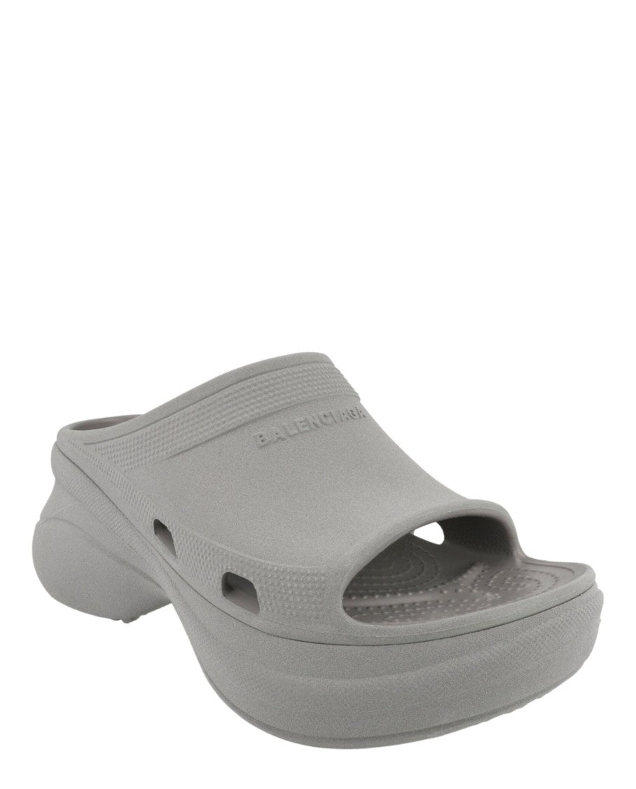 Balenciaga Debossed Logo Grey Pool Slides With Chunky Block Heel