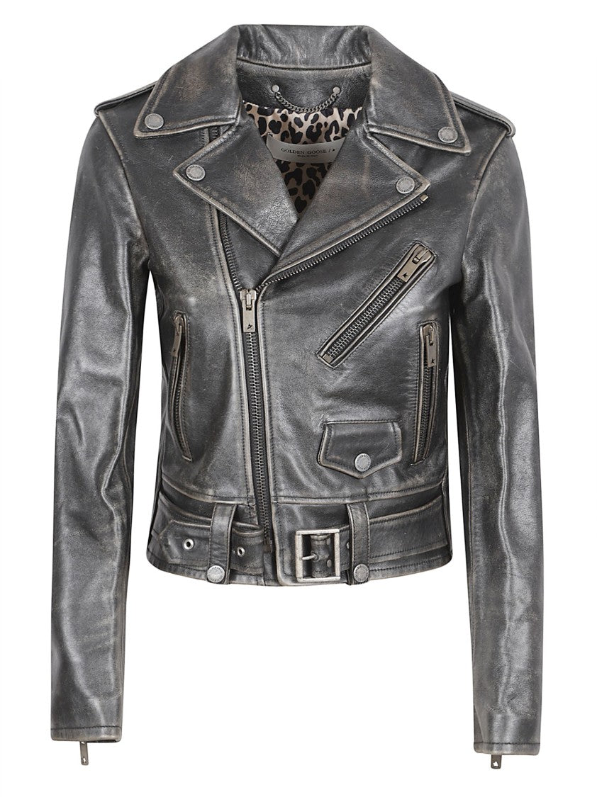 Golden Goose Distressed Black Leather Biker Jacket