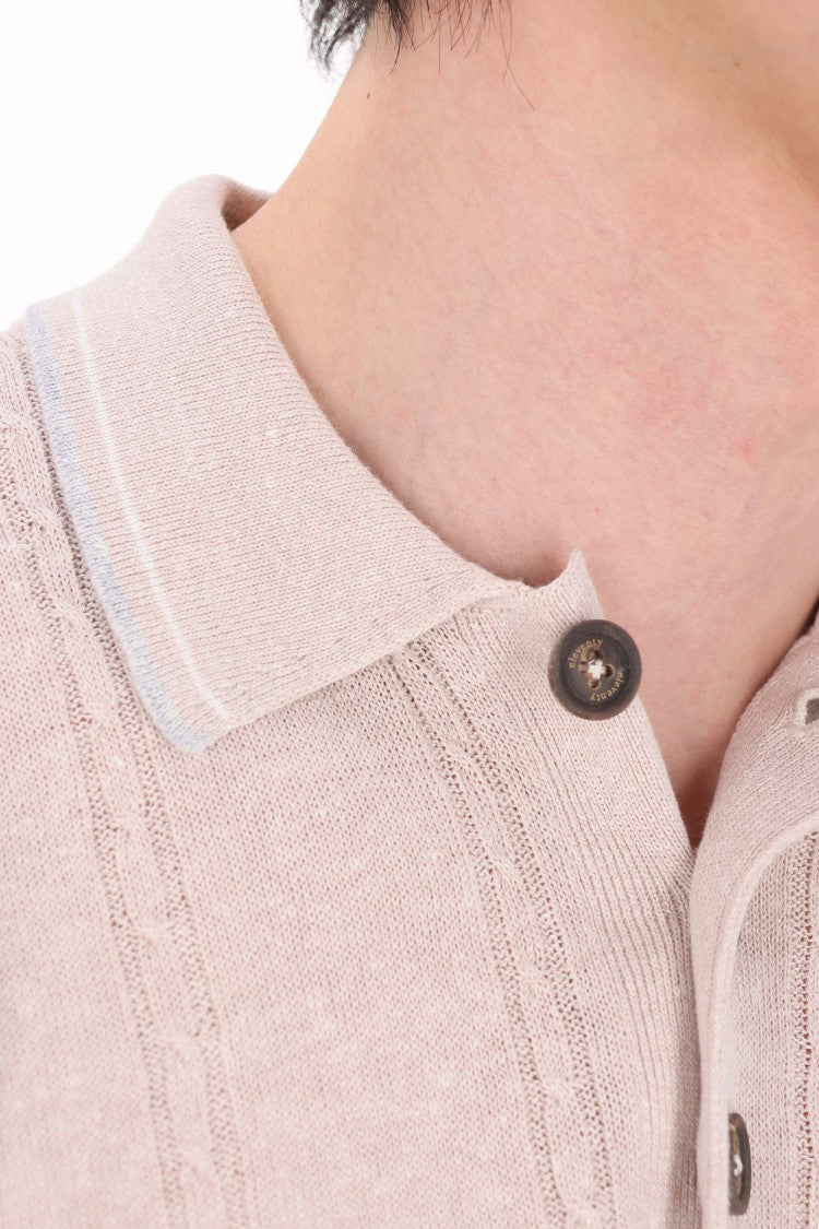 Eleventy Beige Cable-Knit Linen-Cotton Polo Shirt