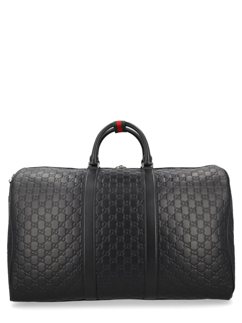 Gucci Structured Black Calf Leather Travel Bag With Iconic Emblem