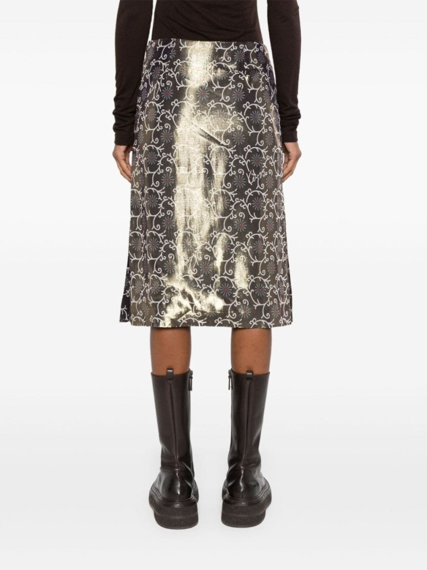 Kenzo Gold-Tone Lamé Floral Print Pencil Skirt