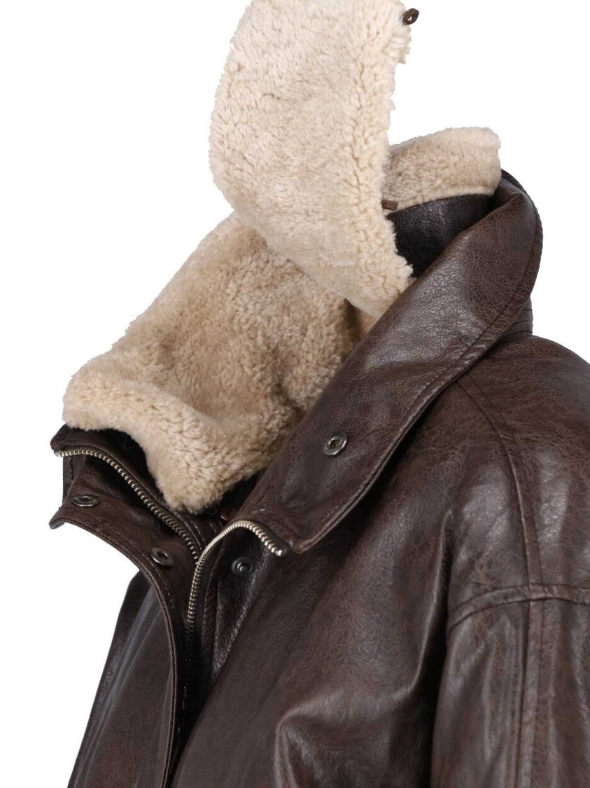 Low Classic Brown Detachable Faux Fur Collar Faux Leather Bomber Jacket
