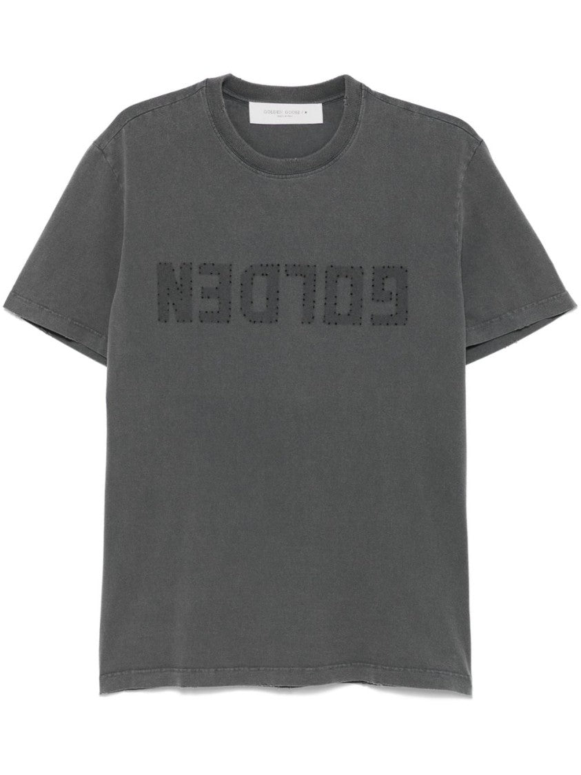 Golden Goose Washed Grey Cotton T-Shirt With Embossed Logo