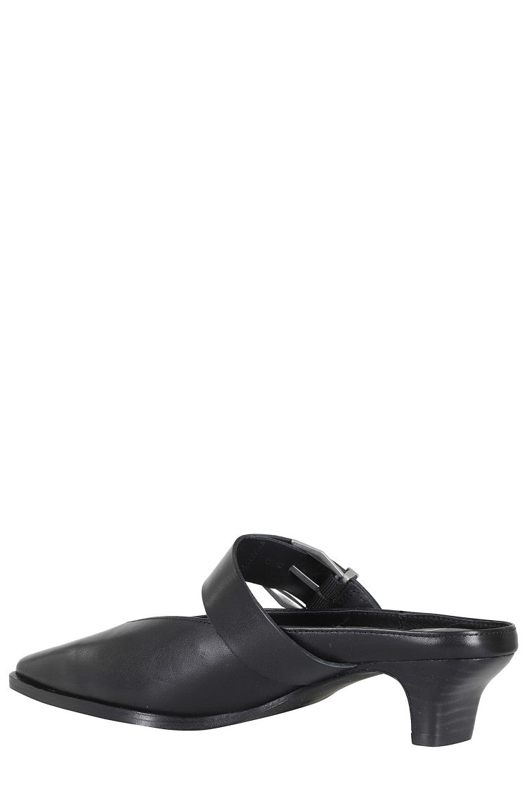 Ash Black Tessa Buckled Wooden-Heel Leather Mules
