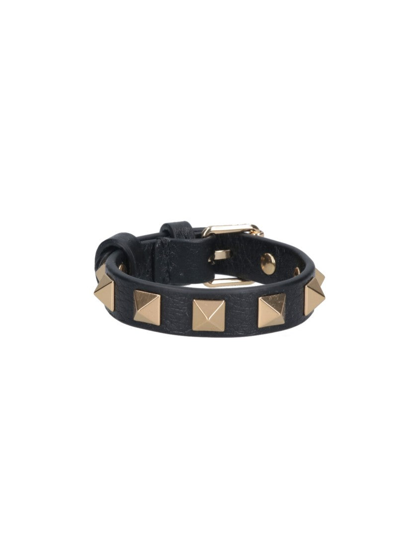 Valentino Garavani Rockstud Black Leather Bracelet With Gold Metal Studs