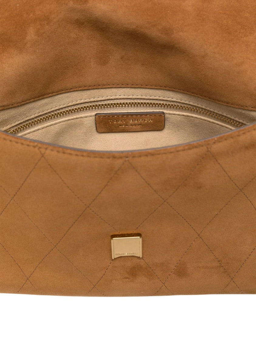 Tory Burch Charlie Quilted Metallic Logo Suede Shoulder Bag
