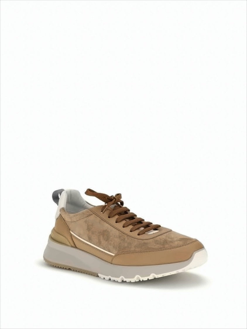 Brunello Cucinelli Warm Brown Calf Leather And Suede Sneakers With Elevated Sole