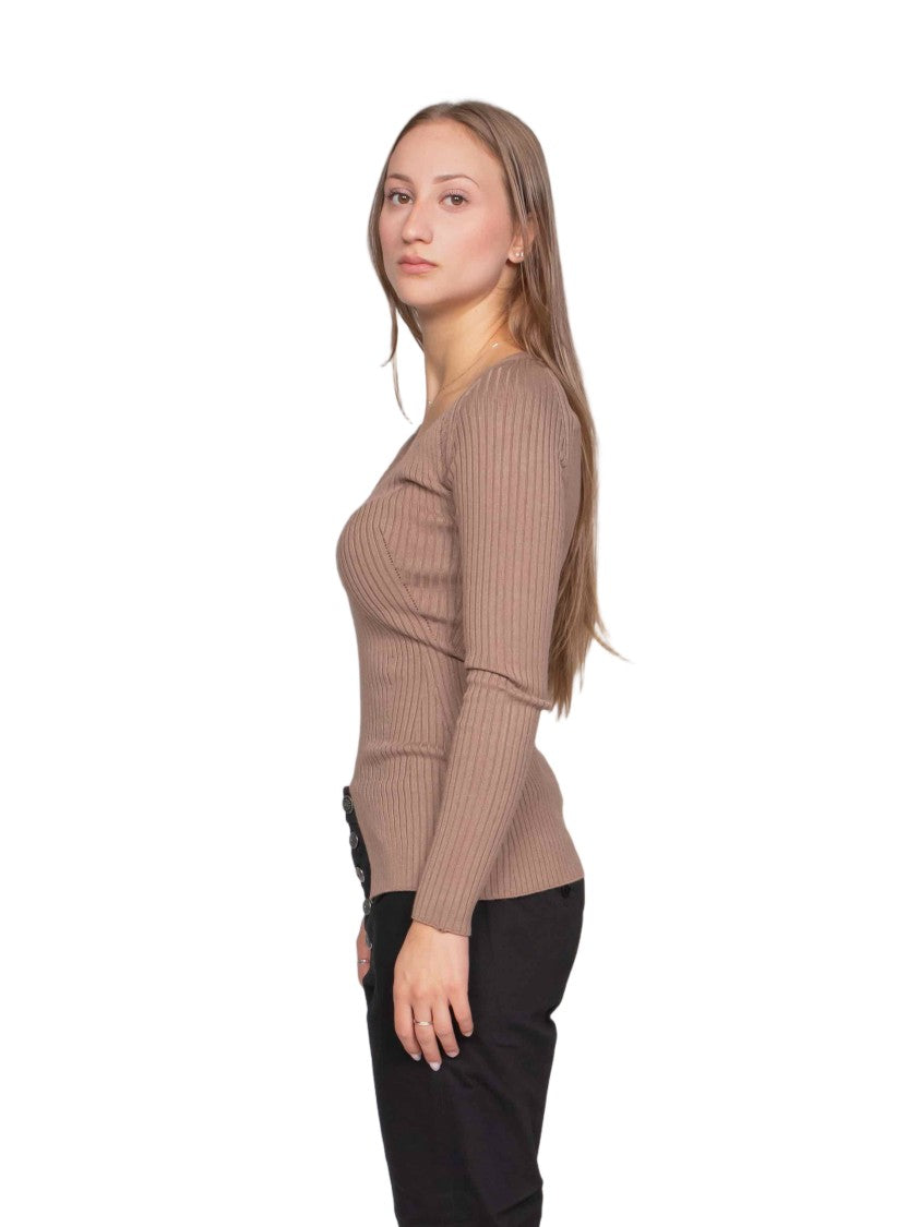 Dondup Fitted Ribbed Knit Top With Asymmetrical Hem And Deep V-Neckline