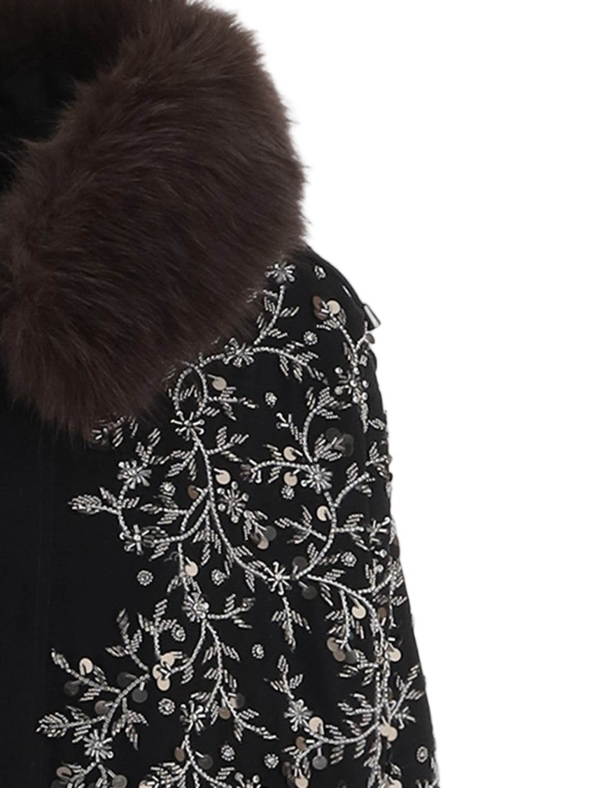 Novelle Black Floral Embroidered Faux-Fur Hooded Cotton Parka