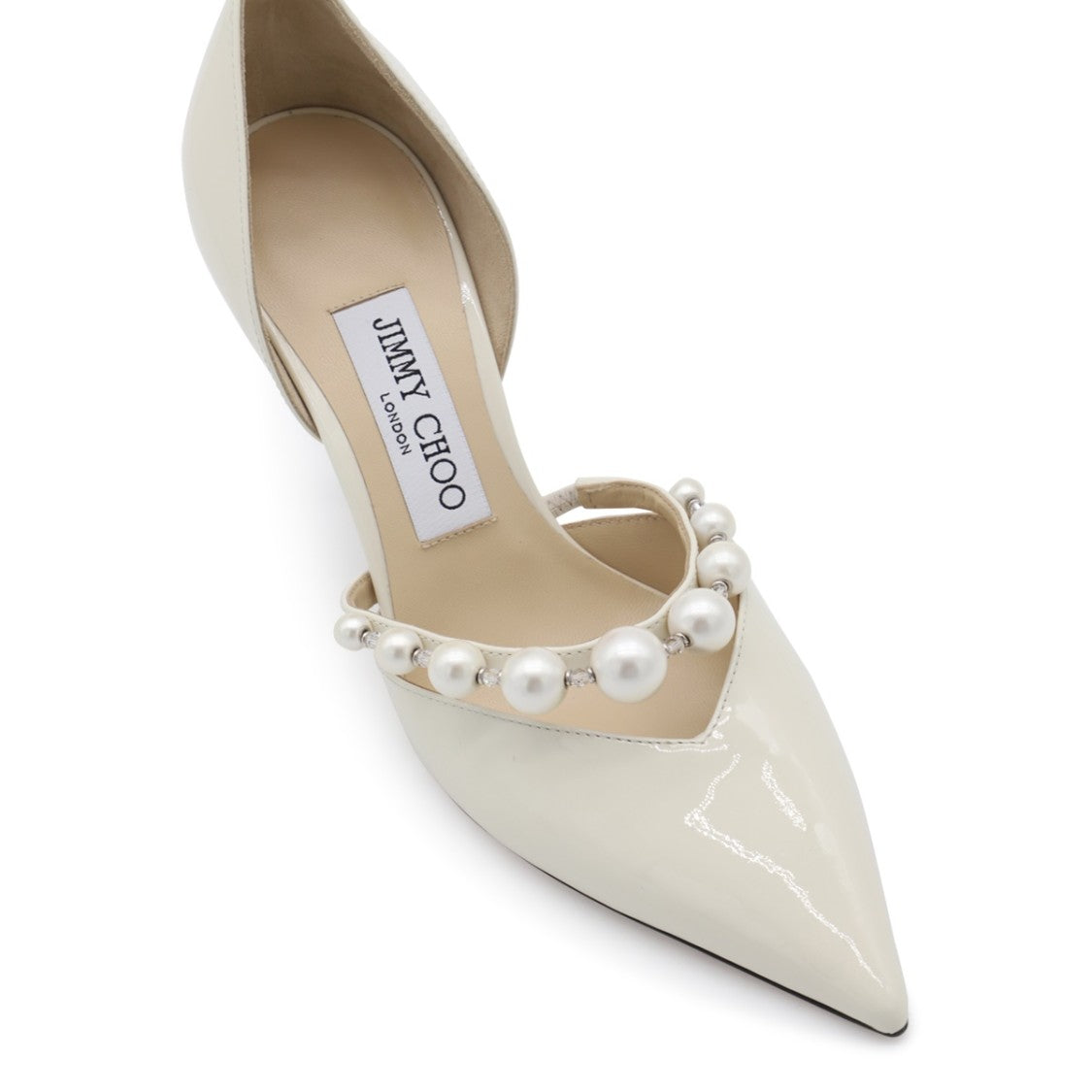 Jimmy Choo Patent Leather White Aurelie 85 Pumps With Pearl Embellishments