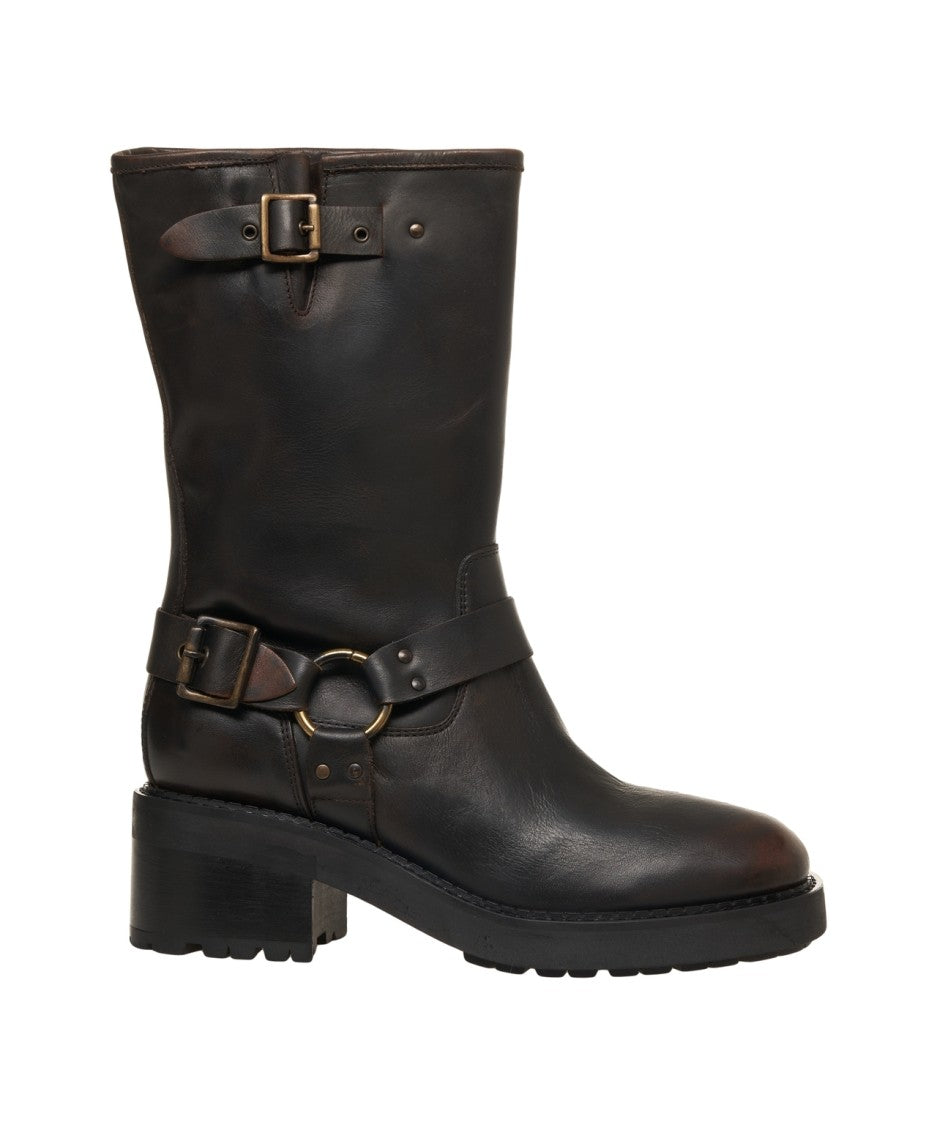 Curiosite Mid-Calf Biker Boots With Buckle Straps