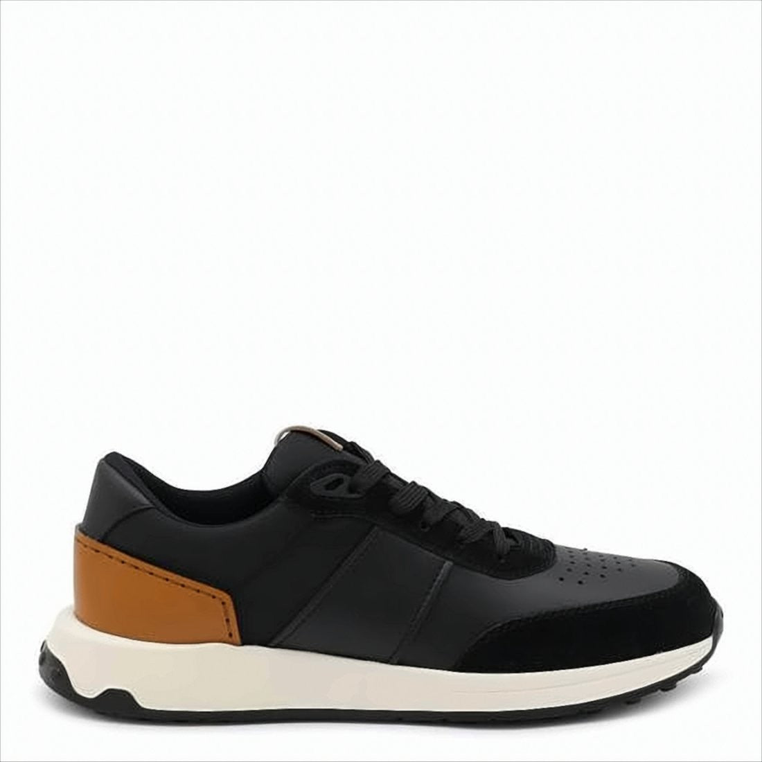 Tod's Black Leather Sneakers With Perforated Detailing And Tan Heel Patch