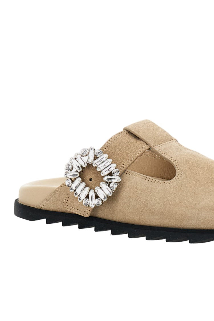Roger Vivier Pointed Toe Slip-On Sandals With Ornate Silver Buckle